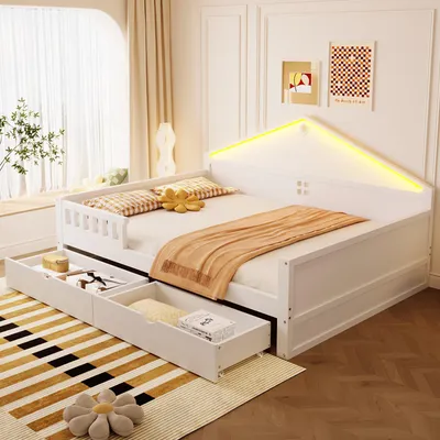 Productafbeelding van Kinderbed 140x200 cm met LED-lichtbalk, 2 lades, lattenbodem, eenpersoonsbed, stevig bed tot 150 kg, wit