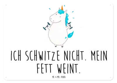 Produktbild von Mr. & Mrs. Panda Wandbild Einhorn Fitness DIN A3 - Weiß - Geschenk, wandtafel, Deko, Schild, tafel, Abnehmen, Fitnessstudio, Diät, Blechtafel, Pumpen, Unicorn, Türschild