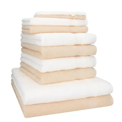 Produktbild von Betz 10-tlg. Handtuch-Set PREMIUM 2 Duschtücher 4 Handtücher 2 Gästetücher 2 Waschhandschuhe  Farbe:  beige & weiss