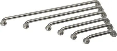 Several stainless steel grab bars of varying lengths arranged diagonally on a white background.