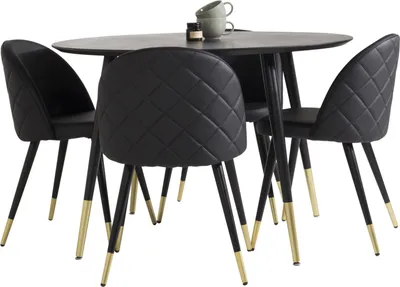 Produktbild von DippØ115BLBR Essgruppe Esstisch schwarz und 4 Velvet Esszimmerstühle PolyurethanKunstleder schwarz.