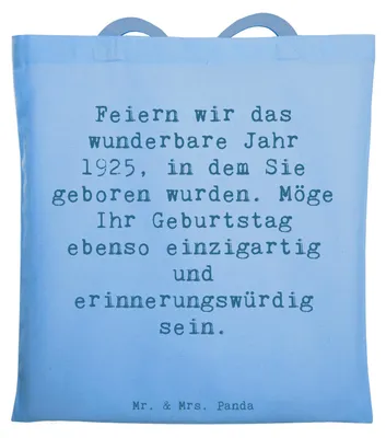 Produktbild von Mr. & Mrs. Panda Jutebeutel Spruch 1925 Geburtstag - Sky Blue - Geschenk, feiern, Alter, Schultasche, Stoffbeutel, Tote Bag, Happy Birthday, Geburtsjahr, besondere Zeit