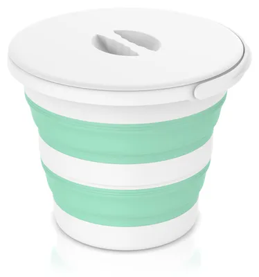 Image de Seau pliable Bearware de 10 litres, avec couvercle et anse, en silicone sans BPA. Forme ronde, hauteur réglable de 26,2 cm à 7 cm. Doté de renforts, d'une boucle pour suspendre, de couleur blanche et verte