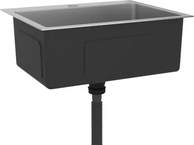 A stainless steel sink with a black exterior and a drain pipe attached.