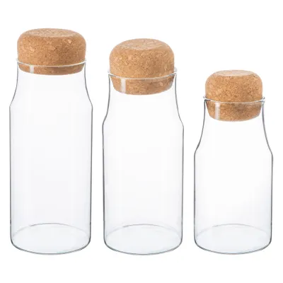 Produktbild von 3-teiliges Vorratsflaschen-Set aus Glas mit Korkdeckel