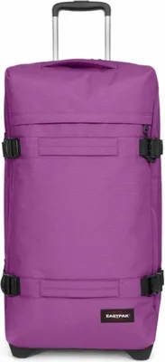 A studio shot of a purple Eastpak trolley suitcase.