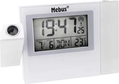 A white Mebus projection alarm clock is shown against a white background.