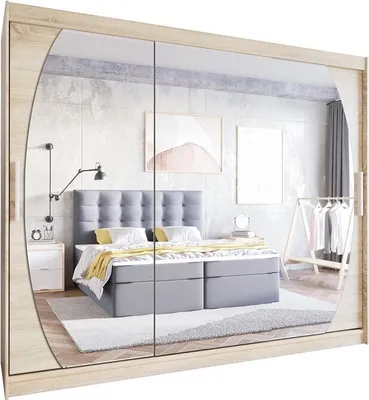 Produktbild von Easy4You L5 250 cm Sonoma Schiebetüren Kleiderschrank 250x215x58 cm mit Spiegel - Schlafzimmermöbel, Aufbewahrung - Mehrzweckschrank