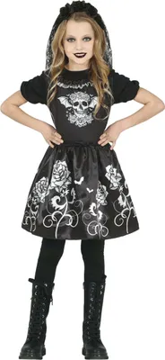 Produktbild von Gothic Skelett Braut Kinder Kostümkleid mit Haarreif Größe: L (7-9 Jahre)