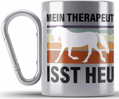 Produktbild von Trendation - Pferde Edelstahl Tasse Karabiner Lustig Reiterin Geschenk Pferde Geschenke Mädchen Pferdeliebhaber Mein Therapeut Isst Heu (Silber)