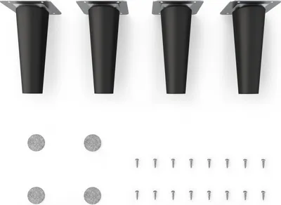Four black furniture legs and hardware are arranged on a white background.