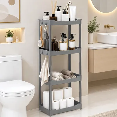 Productafbeelding van Roxlin opbergrek met 4 etages en 4 haken – Ruimtebesparende organizer voor keuken, badkamer en huishouden – Vrijstaand model – Grijs