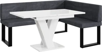 Produktbild von MEBLINI Eckbank für Esszimmer mit ausziehbarem Tisch  - Küchenbank - Essecke - Sitzecke Küche - TONI - U-Beine 128x168x87cm Rechts - Dunkelgrau Samt/M Weiß Hochgl.
