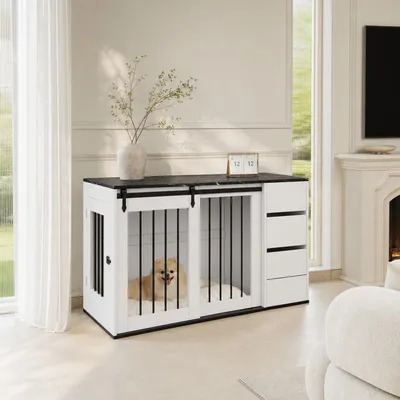 Productafbeelding van 2-in-1 hondenkooi, meubeldesign, bijzettafel, geschikt voor kleine tot middelgrote honden, afmetingen 140x60x87