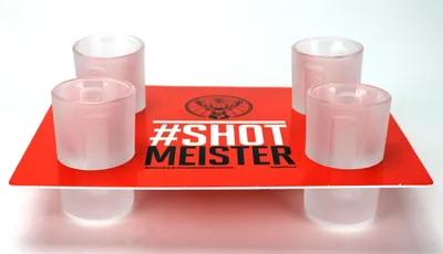 Produktbild von Jägermeister Shotglas Set Weiß - 4x Shotgläser + Halter