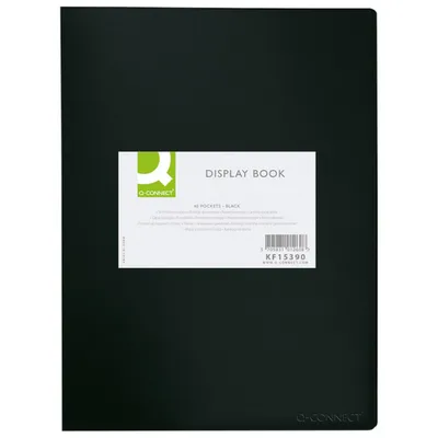 A black display book with a label showing product details.