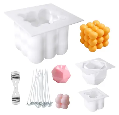 Produktbild von 3-teiliges DIY-3D-Kerzenform-Set, antihaftbeschichtete Silikonform für Blasenkerzen, Silikon-Kerzenwachsformen, handgefertigte Sojawachskerzenform mit Docht und Dochthalter