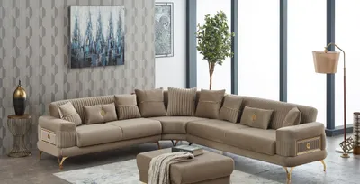 Immagine prodotto di Divano imbottito ad angolo, divano a forma di L, divano in tessuto, divano beige, divano ad angolo, design moderno