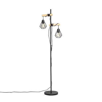 Zdjęcie produktu dla Lampa podłogowa rustykalna czarna z drewnem 2-światłowa - Chon