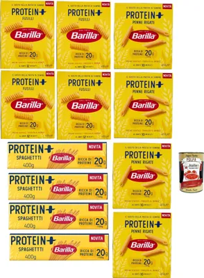 Produktbild von Barilla Protein +, Testpaket, High protein, Italienische Hartweizennudeln, 12 Packungen à 400g, Pasta aus 100% italienischem Hartweizen, + Italian Gourmet polpa 400g