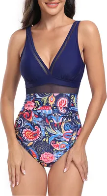 Image de ASKSA Maillot de bain femme Push Up décolleté V y Maillot de bain une pièce Swimsuit, Bleu marine, taille : XL