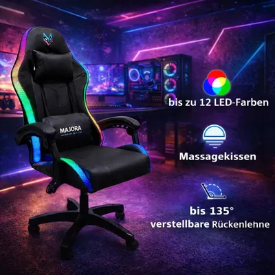 Produktbild von Gamingstuhl mit Led und ergonomischem Massagekissen Schwarz Majora