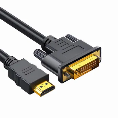 A close-up shot of an HDMI to DVI cable with gold-plated connectors against a white background.