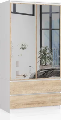 Produktbild von Kleiderschrank AKORD S90 mit Spiegel Weiß 90 cm 2 Türen 2 Schubladen 4 Ebenen Front Sonoma-Eiche B90 x H180 x T51 cm