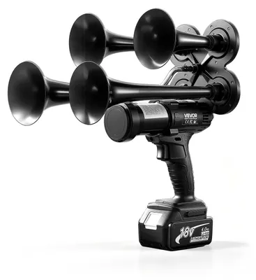 Image de VEVOR Klaxon pneumatique 130 dB, 18 V, 4 Ah, avec 4 cornets, portable et sans fil, pour usage routier, extérieur, voyages et sports. Intègre une pompe à air, un manche ergonomique antidérapant, un manche en ABS et un corps en alliage de zinc