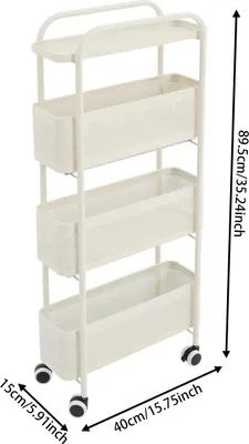 Produktbild von Schmaler Aufbewahrungswagen - 4-stöckiges Rollregal - Ausziehbarer Korb-Organizer - Kohlenstoffstahl - 4 Rollen, 2 mit Bremse - Weiß