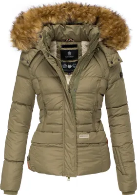 Produktbild von Navahoo Damen Winterjacke Steppjacke Kurz Parka gesteppt Jacke warm Teddyfell gefüttert mit Kapuze Honigblume Olive Gr: 42 - XL