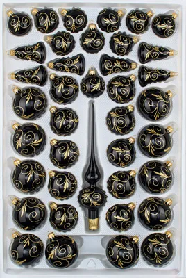 Produktbild von 39 tlg. Glas-Weihnachtskugeln Set in Hochglanz Schwarz Goldene Ornamente
