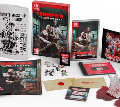 A collection of collector's edition items for the game 'Terrifier: The ARTcade Game' for Nintendo Switch.