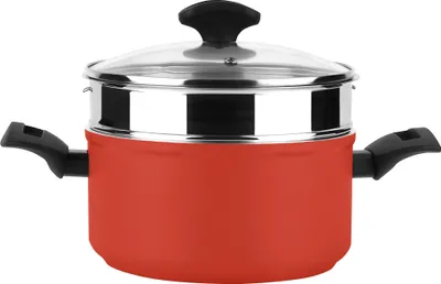 Produktbild von FAGOR Maxima Dampfkochtopf Induktion 20 cm, Aluminium, Dampfkorb aus Edelstahl, Glasdeckel Rot