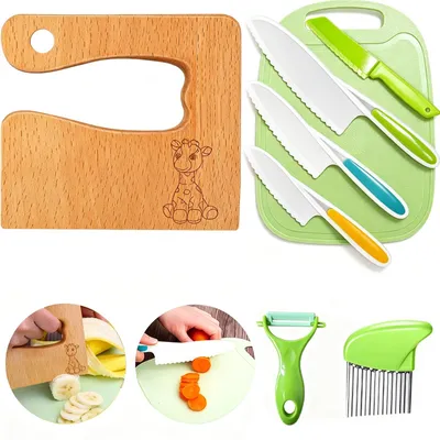Imagen del producto de Juego de utensilios de cocina para niños, de 8 piezas, con cuchillo de madera seguro, apto para mayores de 2 años, juguete Montessori para la cocina