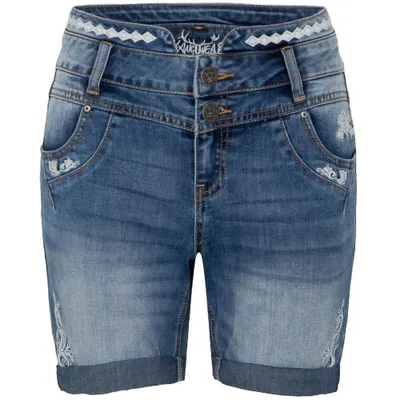 Produktbild von Damen Kniebundhose YONNA Denim aus Baumwolle mit weißen Stickereien und traditionellen Verzierungen