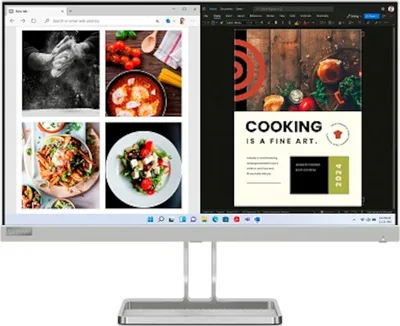 A computer monitor displaying a split screen with a web page showing food images on the left and a design document with text and graphics on the right.