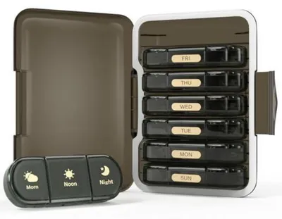 Productafbeelding van Tablettenhouder voor 7 dagen, met 3 compartimenten: ochtend, middag, avond. Zwart, BPA-vrij, met vochtbescherming