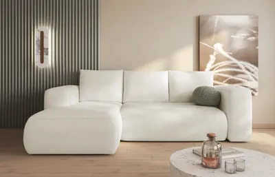 Produktbild von Easy4You Lambi Creme Ecksofa L-Form Links 266 x 89 x 164 cm mit Schlaffunktion und Stauraum - Schlafsofa mit Bettkasten - Moderne Wohnzimmermöbel – Stoff: Boucle 01