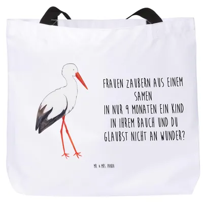 Produktbild von Mr. & Mrs. Panda Tote Bag Storch - Weiß - Geschenk, Gute Laune, Reisetasche, Schultasche, Geburt, Beutel, Baby, Strandtasche, Laptoptasche, Mütter, Schwangerschaft