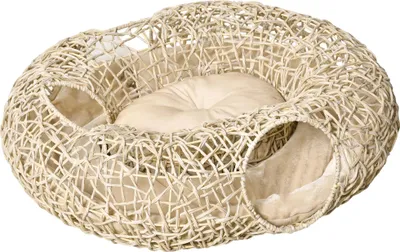 Obrázek produktu pro Kočičí pelíšek, měkký polštář, stylový ratanový design, přírodní dřevo, 78 x 69 x 22 cm