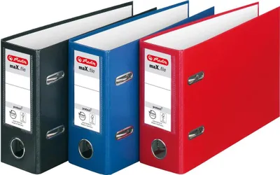 Produktbild von 3 Herlitz Ordner / quer / DIN A5 / 80mm breit / Farbe: je 1x rot, blau, schwarz