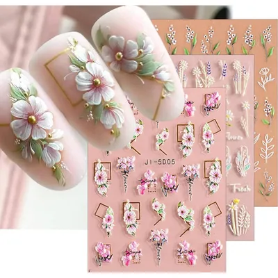 Image de Autocollants 3D pour ongles, motif floral, pour décoration de nail art, 4 feuilles