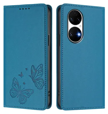 Produktbild von Lederhülle für Huawei P50, Schmetterling Prägung Leder Brieftasche Schutzhülle mit Ständer Blau