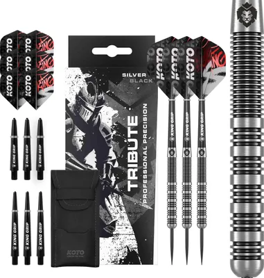 Produktbild von KOTO - Tribute Darts 18 G, Silber & Schwarz, Dartpfeile, Darts Set inkl. 3 Barrels, Flights + Shafts & Dartwallet, Fester Ringgrip
