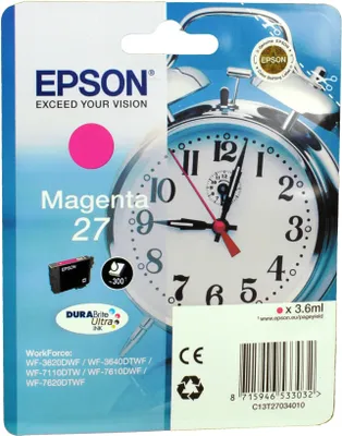 Produktbild von Epson Alarm clock Singlepack Magenta 27 DURABrite Ultra Ink, Standardertrag, Magenta, Tinte auf Pigmentbasis, 3,6 ml, 1 Stück(e), Einzelpackung