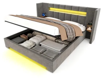 Produktbild von Polsterbett 180x200 cm mit LED, Bettkasten & USB – Samtbett Doppelbett mit breitem Kopfteil, 2 Nachttischen, Lattenrost, Grau