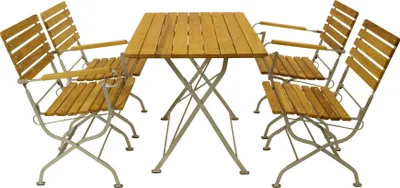 Produktbild von DEGAMO Gartenmöbelgarnitur Sitzgruppe Klappgarnitur PASSAU 5-teilig, Flachstahl verzinkt + Robinie, klappbar (2x Klappsessel mit Armlehnen, 2x Klappstuhl, 1x Klapptisch 70x110cm eckig)