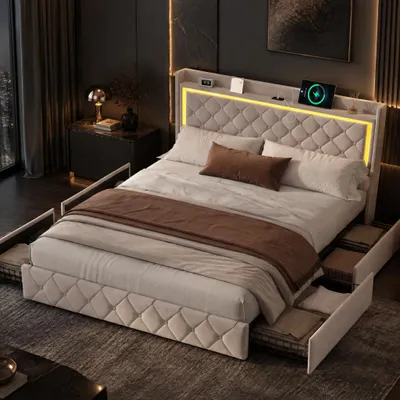 Produktbild von INONEFT Stauraumbett 140x200 cm, Bett mit Stauraum, 4 Schubladen, Polsterbett mit LED und USB, Doppelbett Bettgestell mit Lattenrost, Jugendbett, Samt