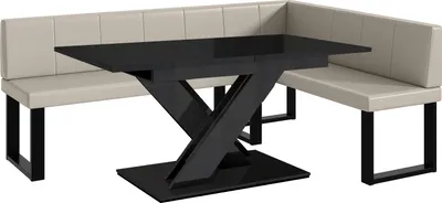 Produktbild von MEBLINI Eckbank für Esszimmer mit ausziehbarem Tisch - Küchenbank - Essecke - Sitzecke Küche - PETER - U-Beine 142x196x87cm Rechts - Beige Kunstleder/B Schwarz Hochgl.